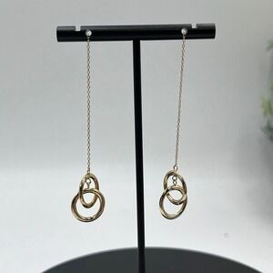 Jacmel JCM 14K Yellow Gold Double Hoop Circles Dangle Threader Pierced Earrings